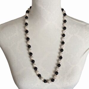 Black & White Beaded Necklace | Gold Tone Accents | Classic Statement Jewelry